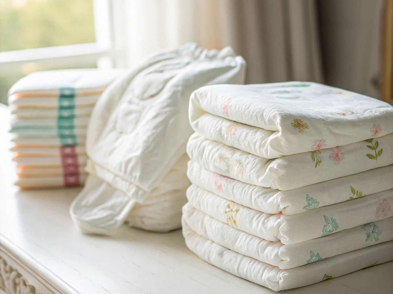 Neatly rolled soft cotton cloth diapers in a natural woven nursery basket