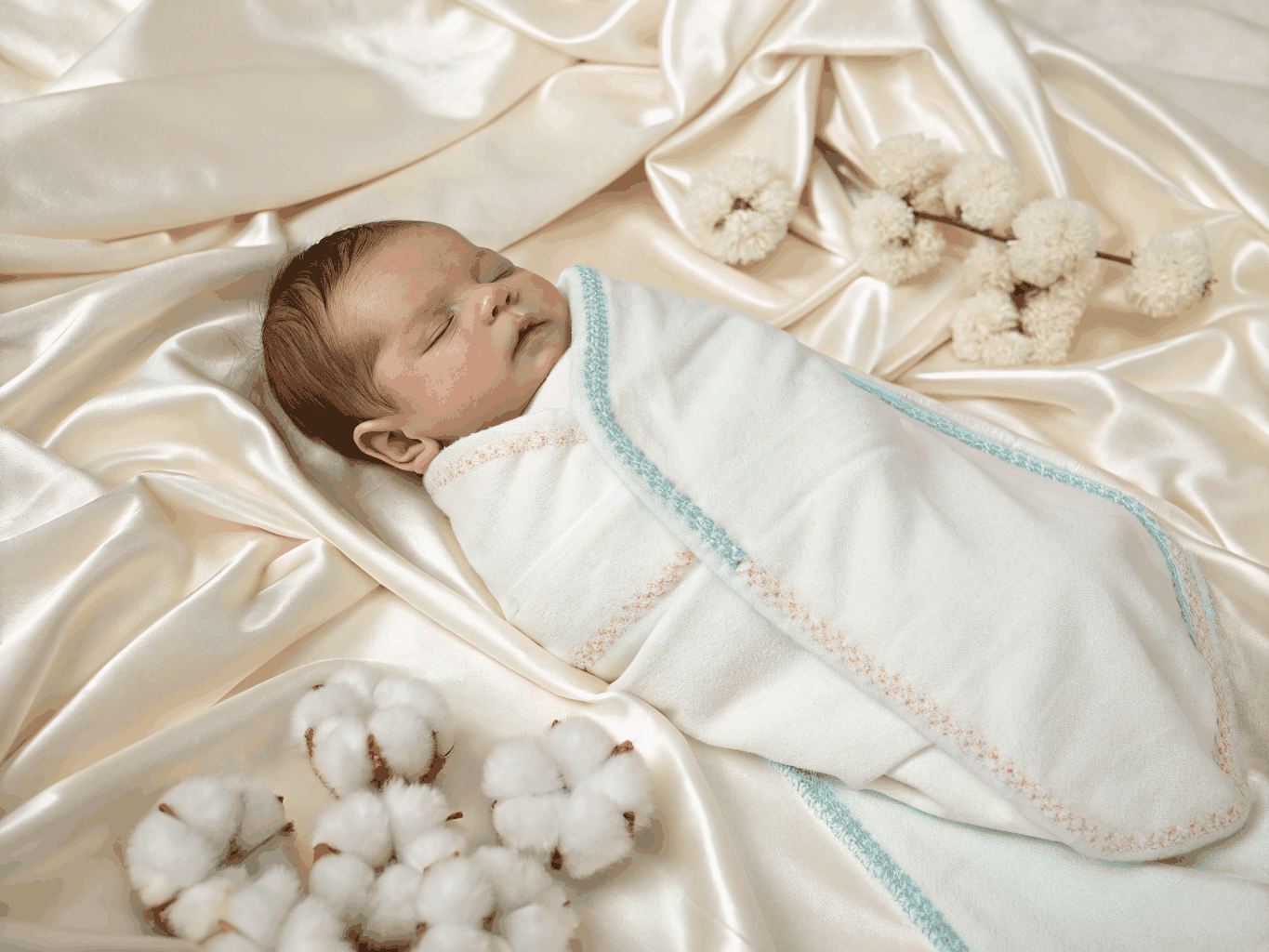 Breathable organic muslin swaddles nestled inside a wicker bassinet