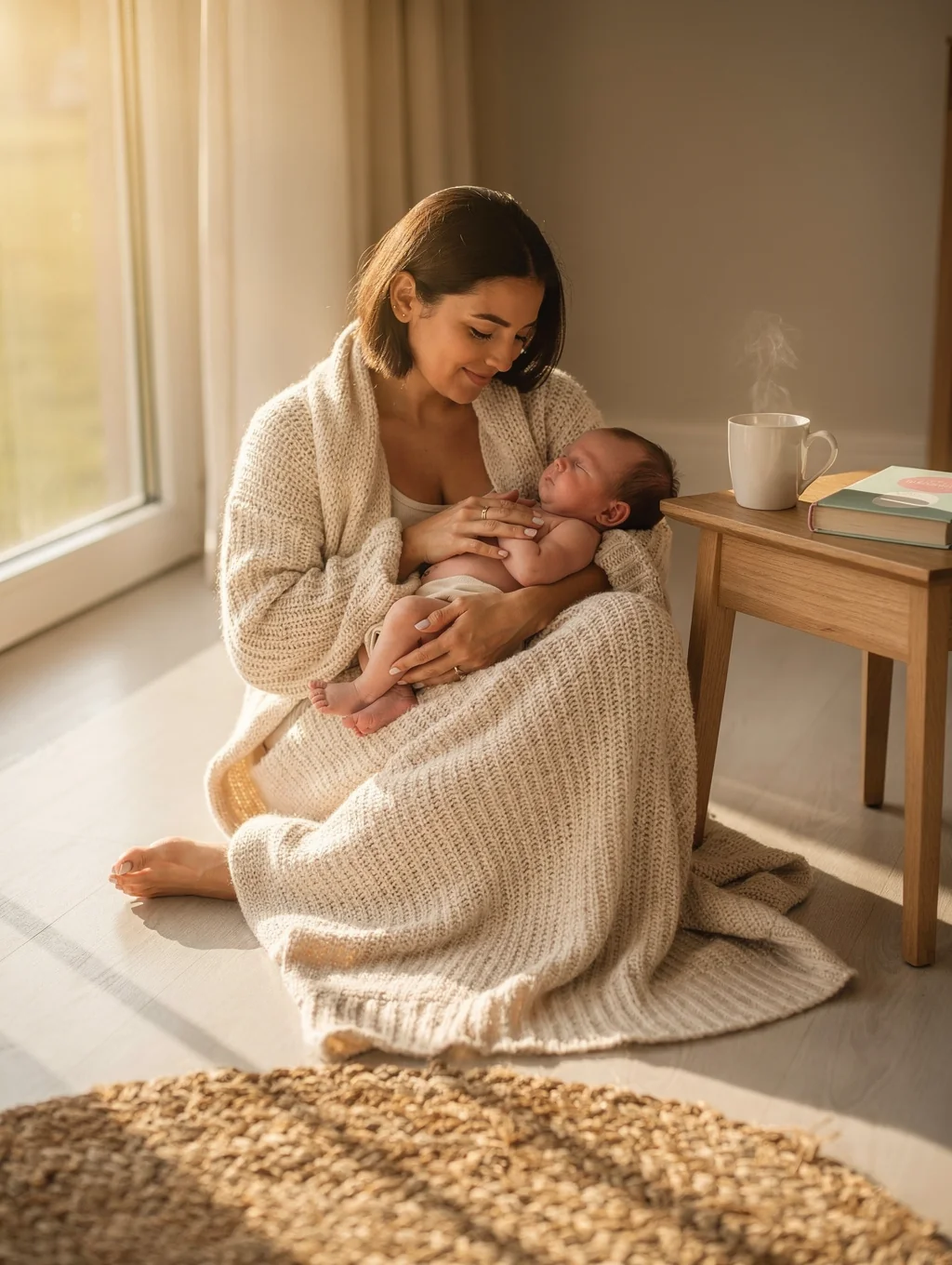 Parent holding newborn baby in a bright, calm nursery room